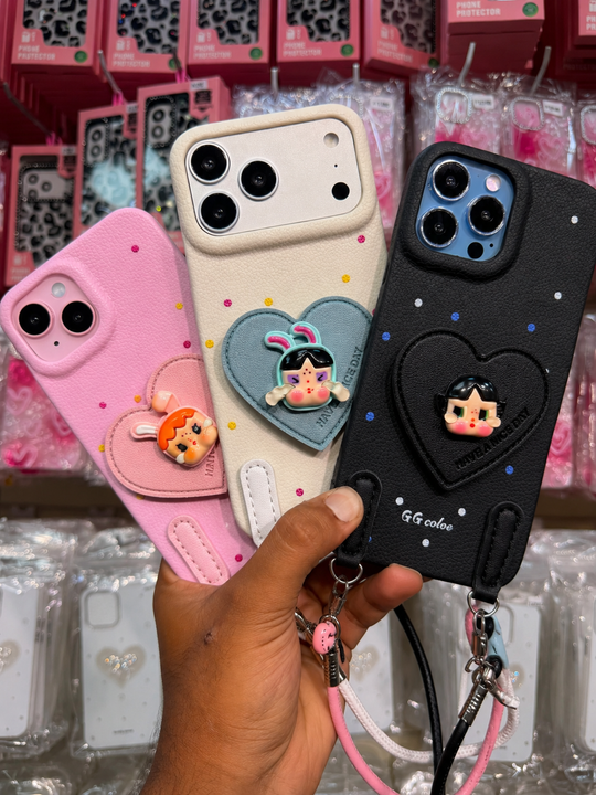 Premium Cute Heart Strap Case for iPhone with 3D Cartoon Holder and Crossbody Lanyard